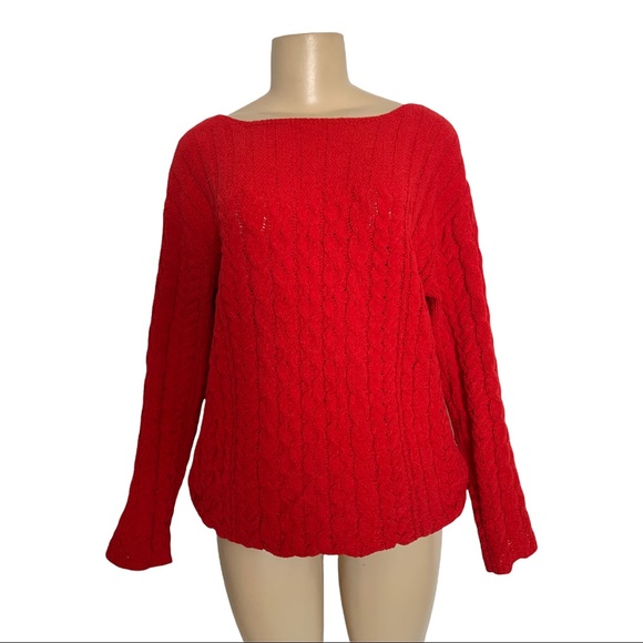 J Jill Cable Knit Ribbed Crew Neck Bold Red Super Soft Sweater - Picture 7 of 7
